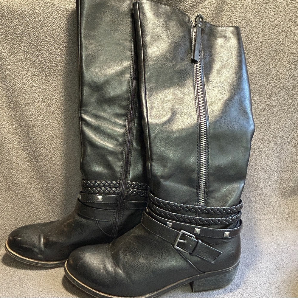 Kohl's Olive Women's Knee High Tall Black Boots 9.5M Rope Stud Buckle Detail